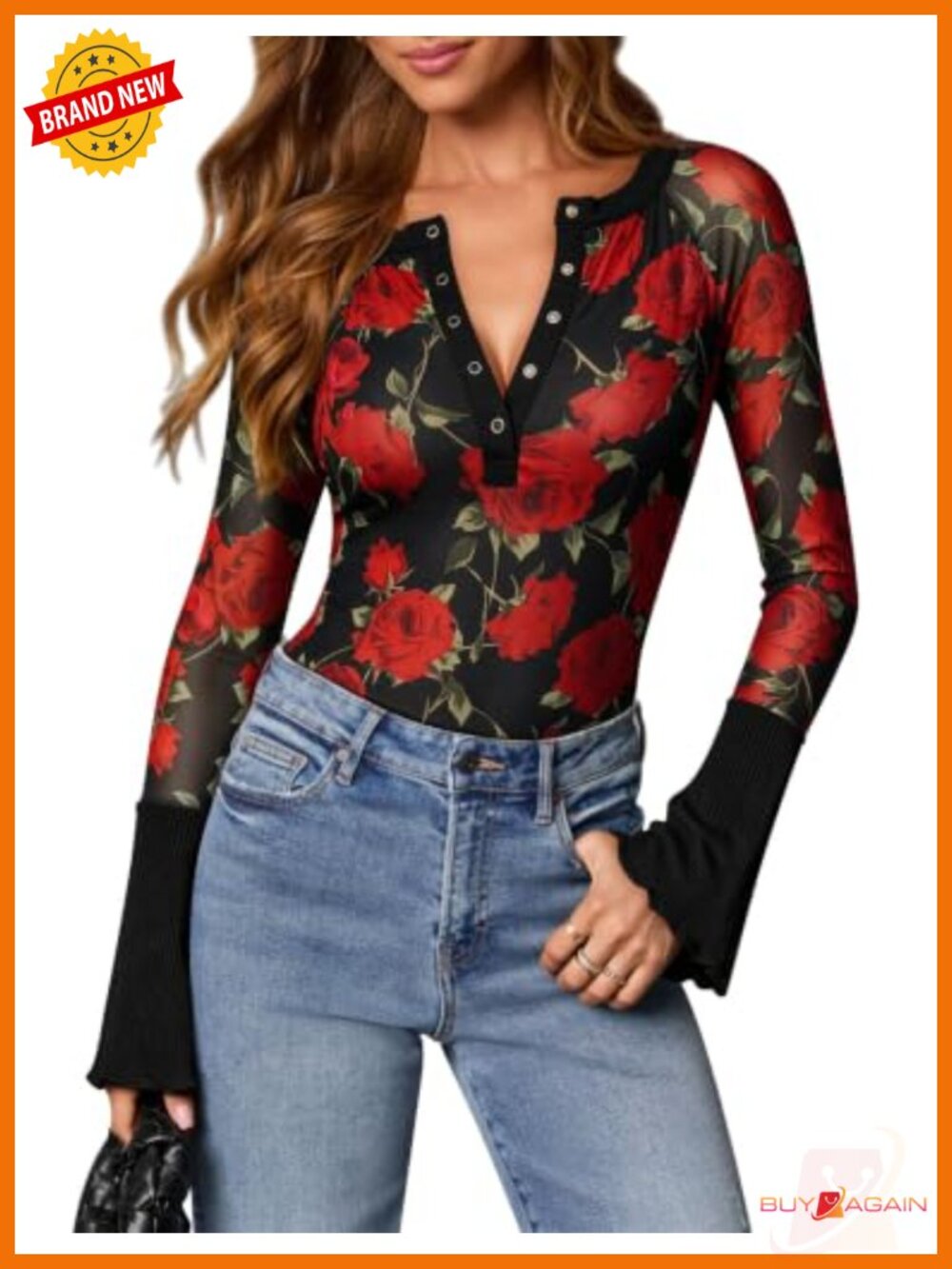 Mesh Floral V Neck Button Down Long Sleeve Blouse